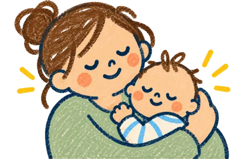 A parent settling a sleeping baby against their shoulder.