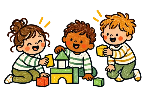 Three toddlers building together with wooden blocks.