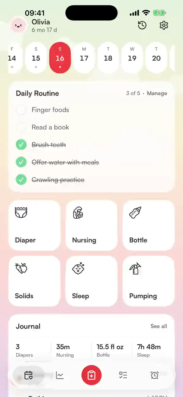 The Plumi home screen: a baby profile, the week strip, a daily routine checklist, quick-log tiles for diaper, nursing, bottle, solids, sleep and pumping, and the day’s journal.