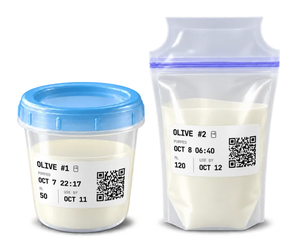 A milk storage cup and bag, each with a printed Plumi QR label