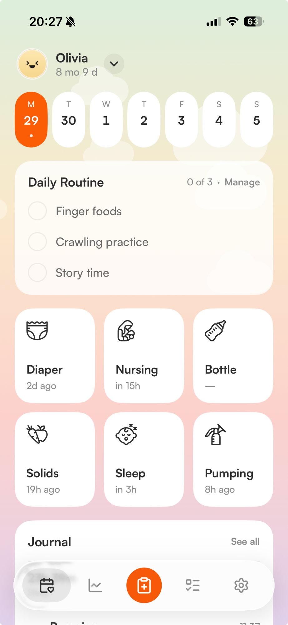 The Plumi home screen: a baby profile, the week strip, a daily routine checklist, quick-log tiles for diaper, nursing, bottle, solids, sleep and pumping, and the day’s journal.