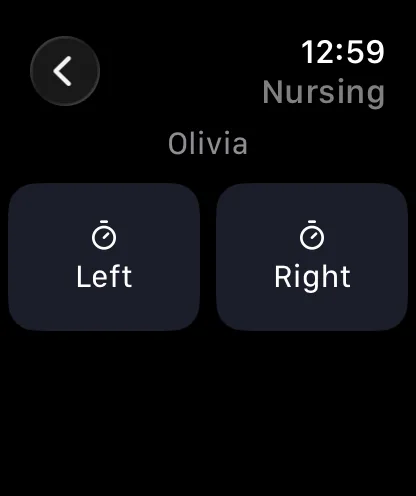 Plumi on Apple Watch with separate Left and Right nursing timer controls.